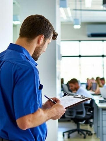 HVAC service technician using a checklist while doing a preventative maintenance check for a commercial building