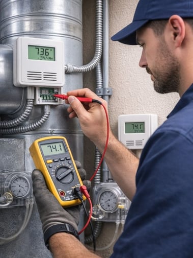 Technician calibrating HVAC sensors, so it shows the correct reading