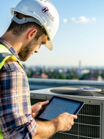 HVAC Technician working on an HVAC unit as a part of an emergency repair, that could be prevented using a BMS system or standalone controls