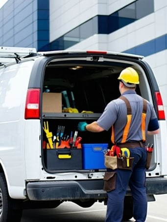 HVAC Service tech pulling stuff out of a van to do service work on a commercial building