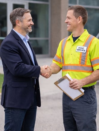 Commercial business owner shaking hands with an HVAC service manager after hiring them for preventative maintenance