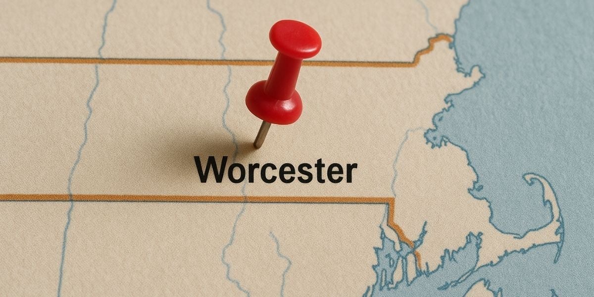 A map of Massachusetts with a pin in it for Worcester