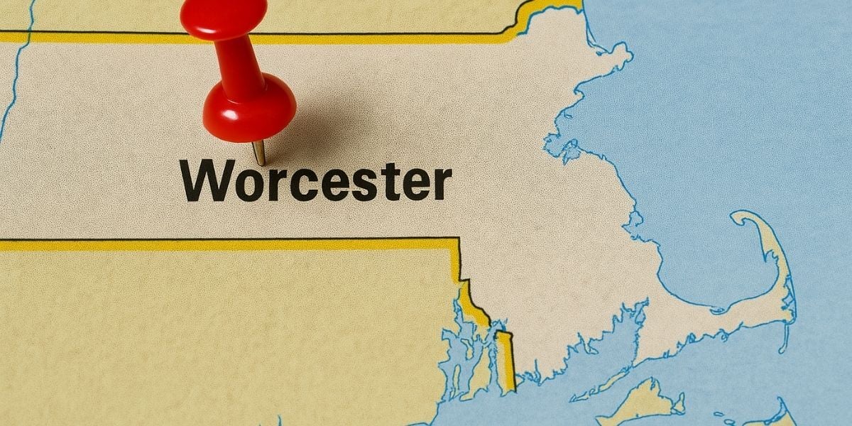 A map of Worcester Massachusetts with a pin in it