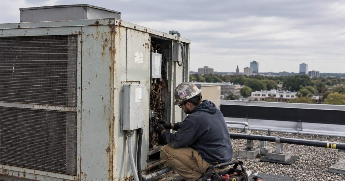 Technician inspecting an aging commercial rooftop HVAC system for repairs and performance issues.