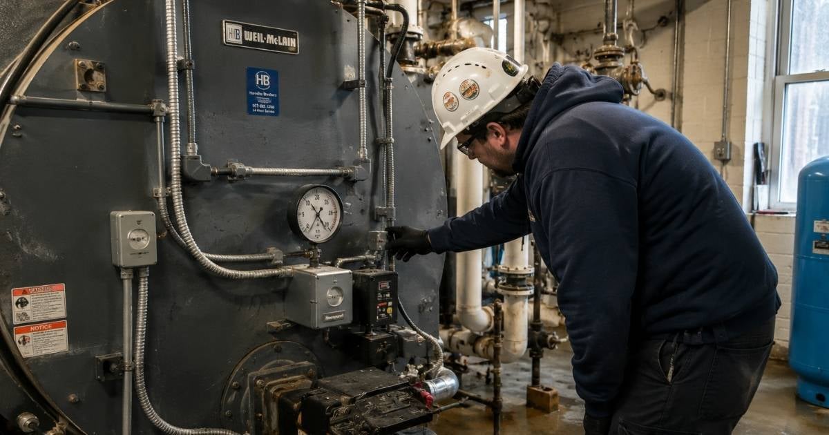 Commercial HVAC technician inspecting a commercial boiler after recurring low boiler pressure in a building mechanical room.