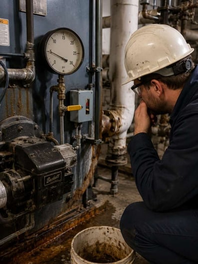 Commercial boiler showing signs of low pressure and corrosion as an HVAC technician inspects the heating system in a mechanical room.