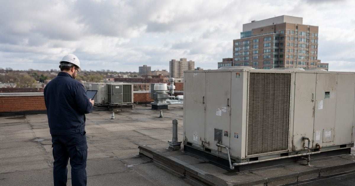 Commercial HVAC technician inspecting rooftop equipment for energy efficiency upgrades