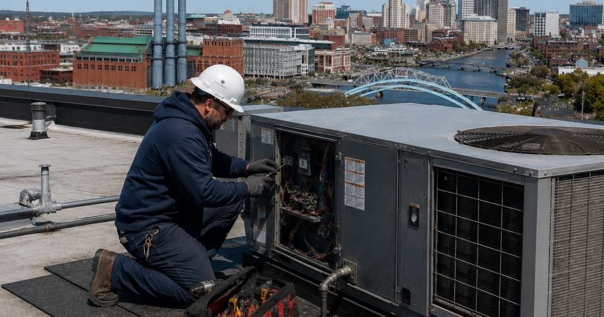 Commercial HVAC technician working on a rooftop unit with the Providence, Rhode Island skyline in the distance.