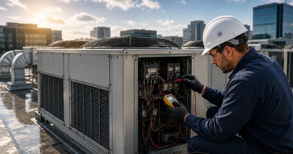 Commercial HVAC technician troubleshooting a rooftop HVAC unit on a commercial building.