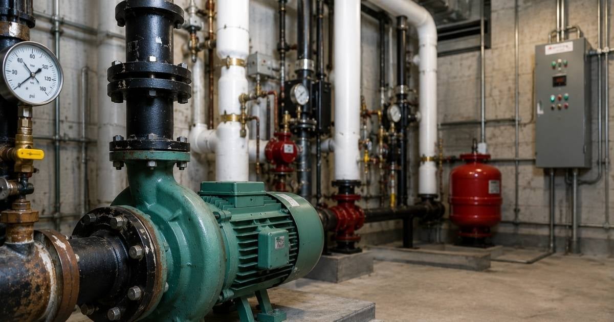Commercial heating pump inside a mechanical room in a Massachusetts office building