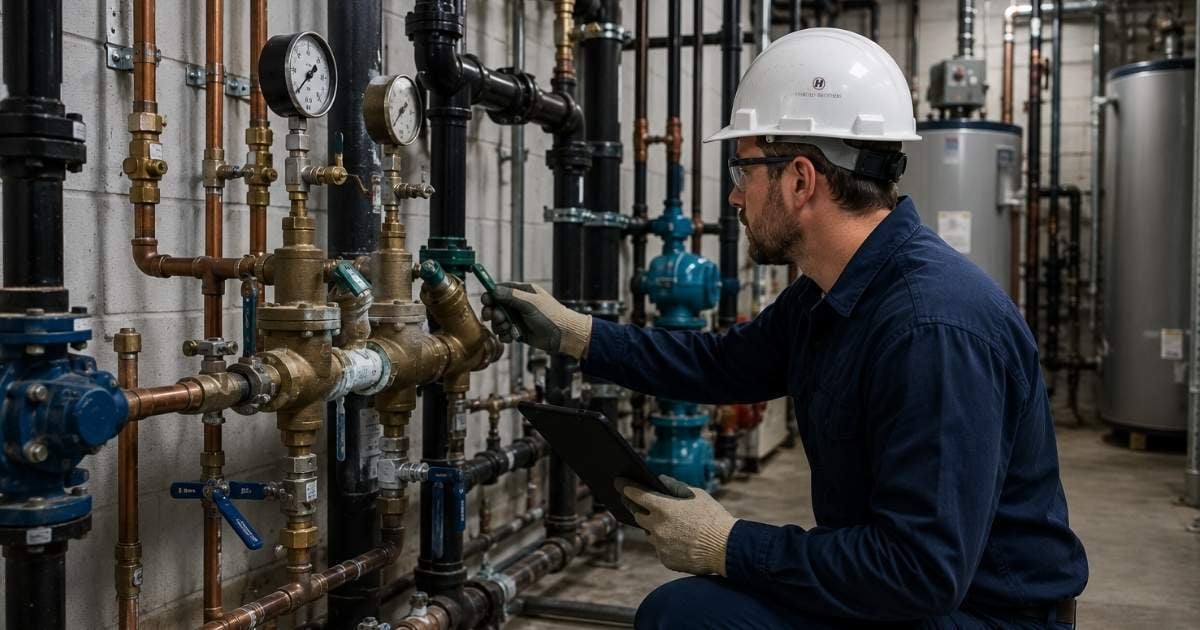 Commercial plumbing technician inspecting a commercial plumbing system during preventative maintenance in a mechanical room.