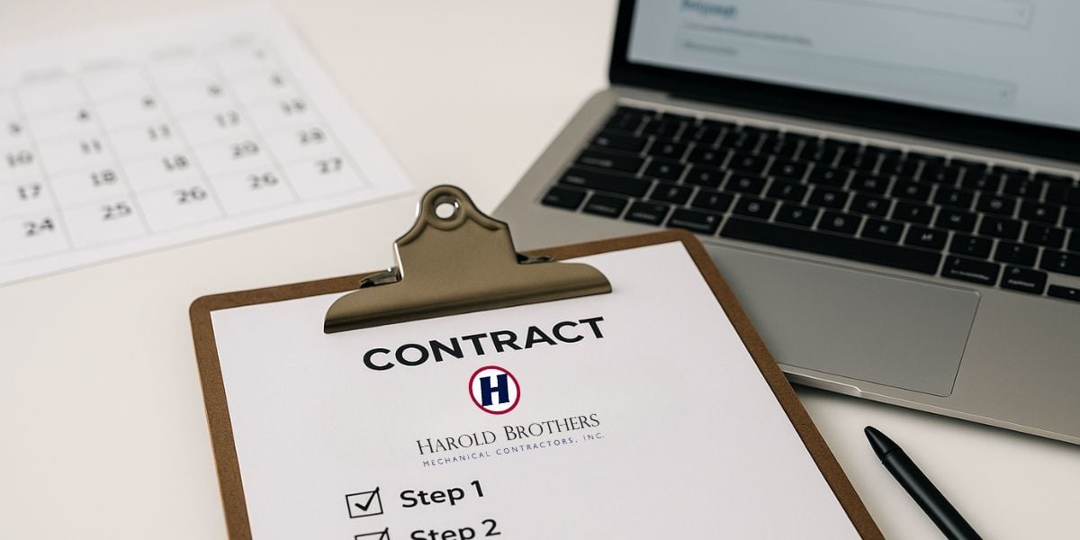 A laptop in the background with a clipboard on it with a contract and steps 