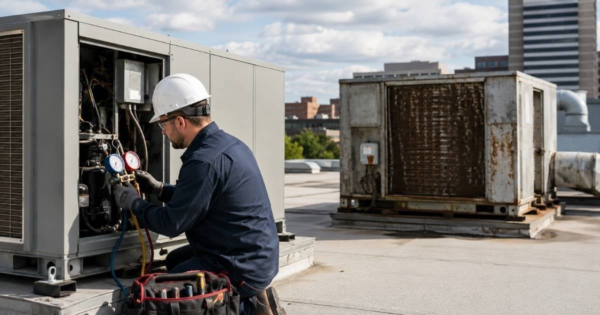 HVAC technician performing preventative maintenance on commercial rooftop HVAC equipment to prevent system failure