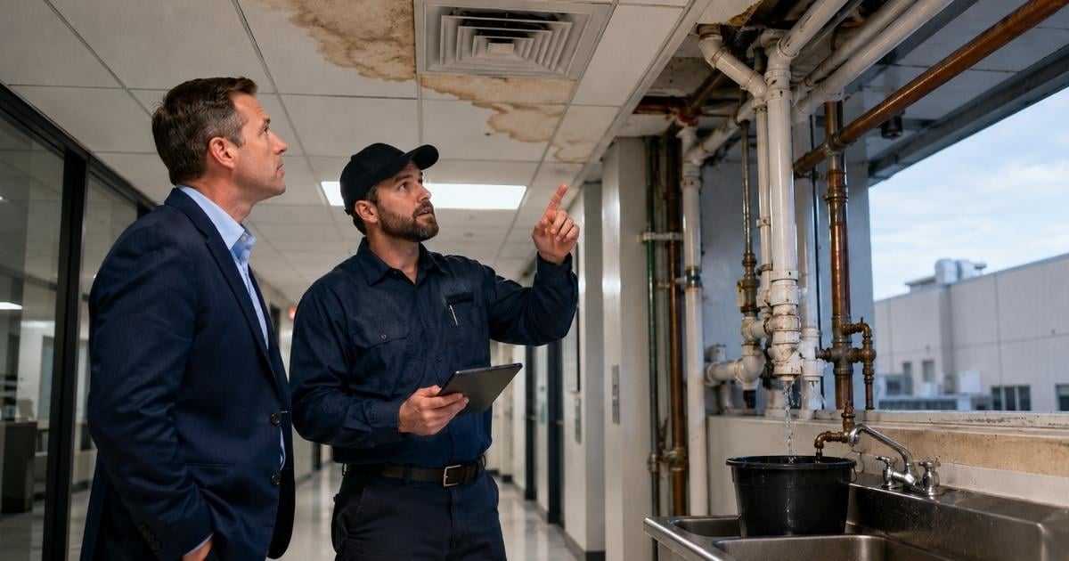 Technician and property manager inspecting a recurring ceiling leak and exposed plumbing in a commercial building.